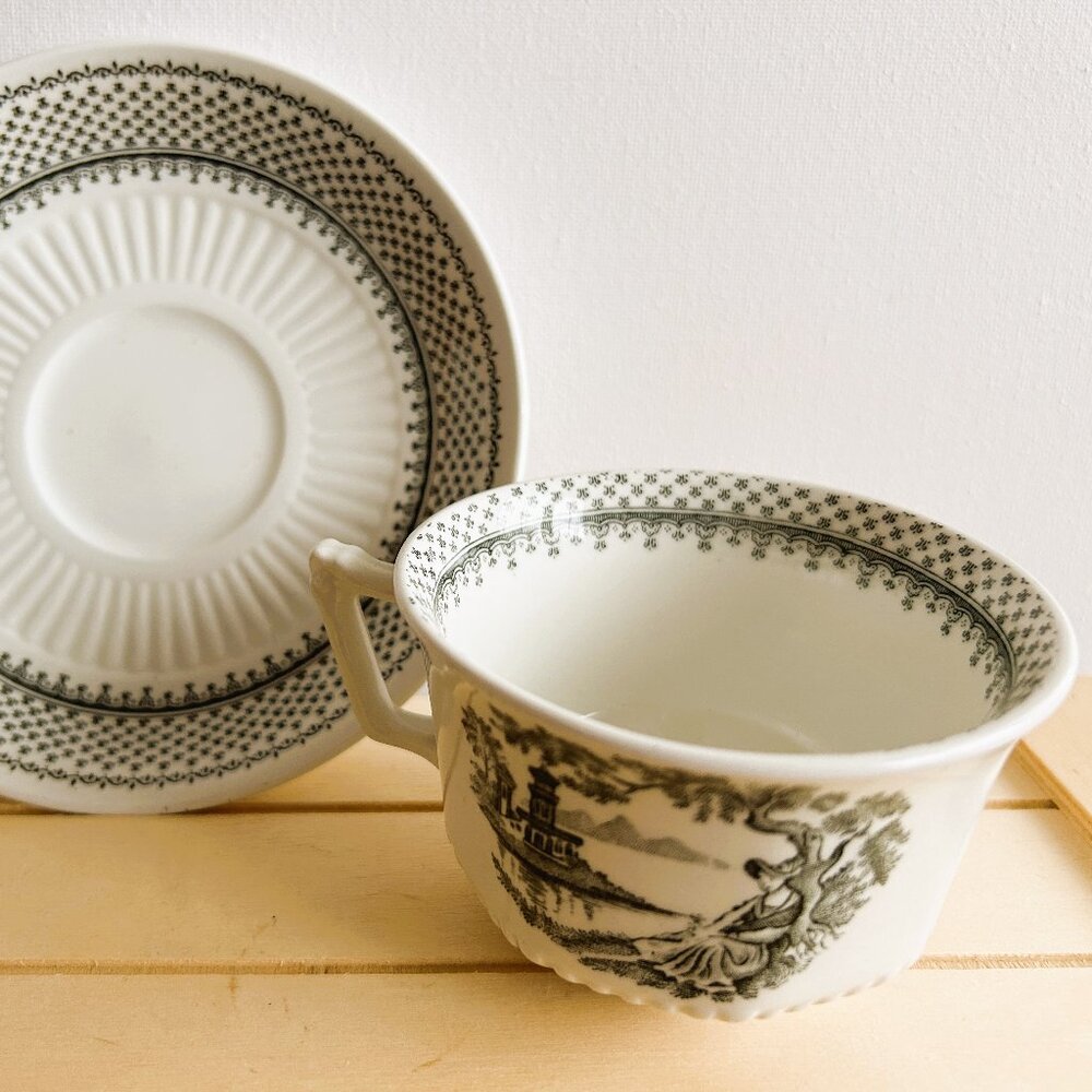 Adams Minuet Black and White Vintage Teacup and Saucer Set